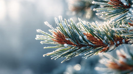 Pine branch covered with hoarfrost on blurred background. Winter background