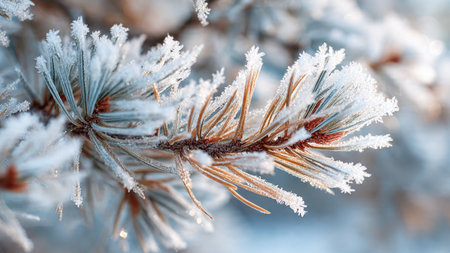 Pine branches covered with hoarfrost close up. Winter backgroundの写真素材