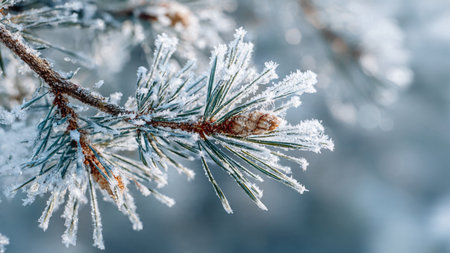 Pine branch covered with hoarfrost. Winter background. Macroの写真素材