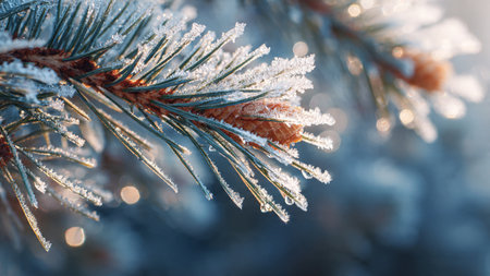 Fir tree branch covered with hoarfrost. Winter background.の写真素材