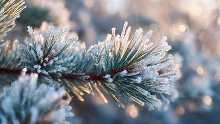 Pine branch covered with hoarfrost in the rays of the sunの写真素材