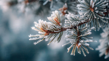 Pine tree branch covered with hoarfrost. Winter background.の写真素材