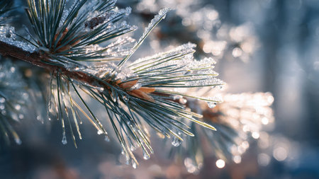 Pine branch covered with hoarfrost in the winter forest.の写真素材