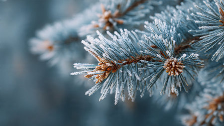Pine branches covered with hoarfrost close up. Winter background
