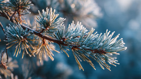 Pine branch covered with hoarfrost. Winter nature background.の写真素材