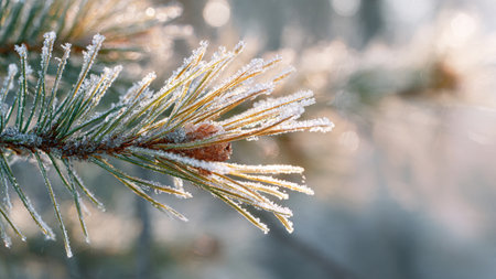 Fir tree branch covered with hoarfrost close up. Winter nature background
