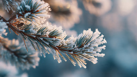 Pine branch covered with hoarfrost on a blurred background.の写真素材