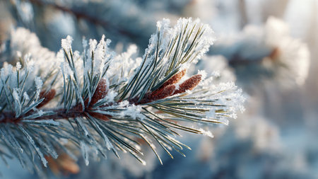 Fir tree branch covered with hoarfrost. Winter background.
