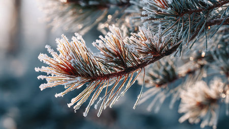 Pine branch covered with hoarfrost in the winter forest.の写真素材