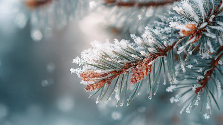 Fir tree branch covered with hoarfrost. Winter background.