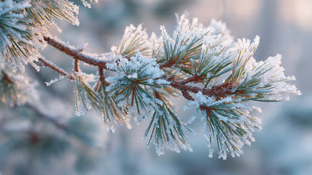 Pine branches covered with hoarfrost and snow. Winter nature backgroundの写真素材