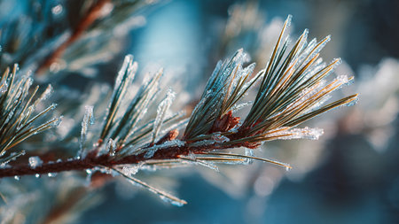 Pine branch covered with hoarfrost close up. Winter backgroundの写真素材