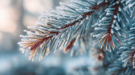 Fir branches covered with hoarfrost. Winter nature background.の写真素材