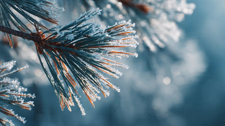 Close-up of a pine branch covered with hoarfrost.の写真素材