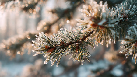 Pine branches covered with hoarfrost close-up. Winter background