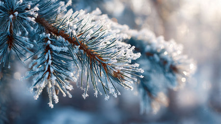 Pine branch covered with hoarfrost in the winter forest.