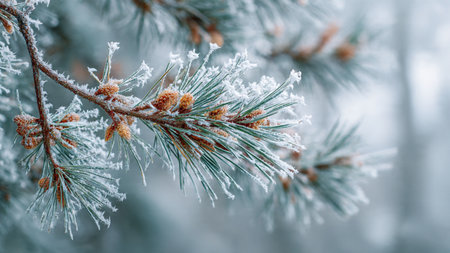 Pine branches covered with hoarfrost. Winter forest. Christmas background