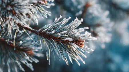 Pine tree branch covered with hoarfrost. Winter background.