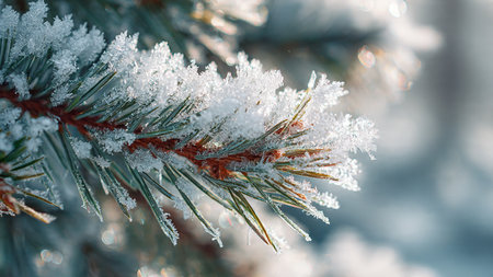 Pine branches covered with hoarfrost and snow. Winter backgroundの写真素材
