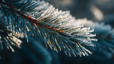Pine branches covered with hoarfrost, close-up.