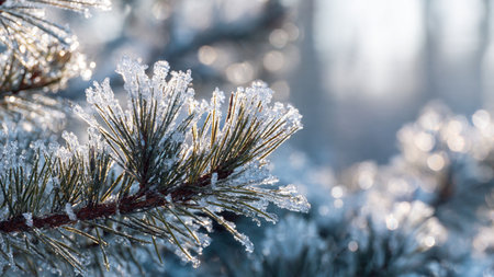 Fir branches covered with hoarfrost in the winter forest.