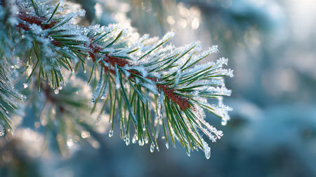 Pine branch covered with hoarfrost close-up. Winter background