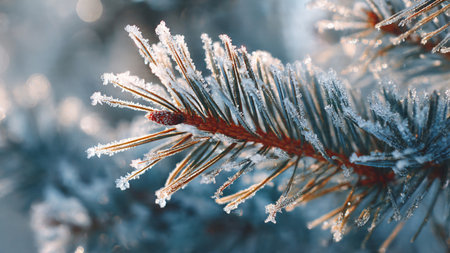 Pine branches covered with hoarfrost in the winter forest.