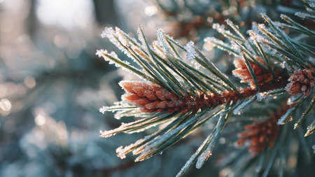 Pine branches covered with hoarfrost, close up. Winter background