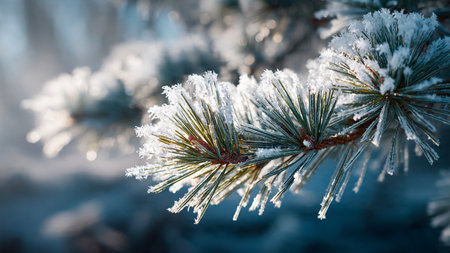 Pine branches covered with hoarfrost and snow. Winter backgroundの写真素材