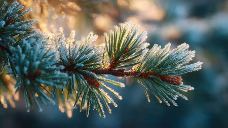 Pine branch covered with hoarfrost in the rays of the setting sun
