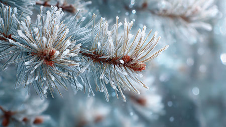 Pine branches covered with hoarfrost, closeup. Winter background