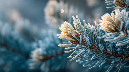 Pine tree branch covered with hoarfrost. Winter background.