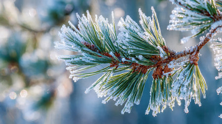 Pine branch covered with hoarfrost in the winter forest.