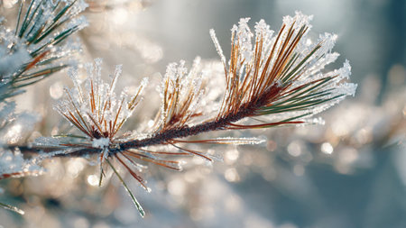 Frosty pine branch close up. Winter background with snow and ice