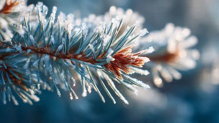 Pine branch covered with hoarfrost on a blurred background.