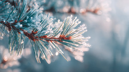 Pine branch covered with hoarfrost. Winter background. Christmas cardの写真素材