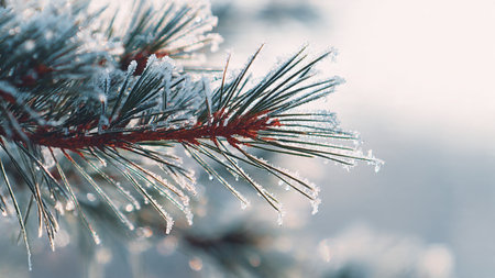 Pine branches covered with hoarfrost. Winter background. Christmas card.