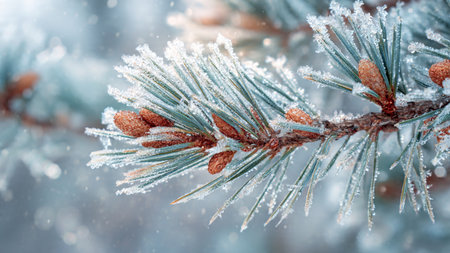 Pine branch covered with hoarfrost and snow. Winter background