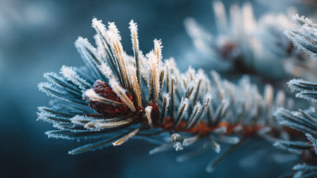Pine branch covered with hoarfrost close-up. Winter background