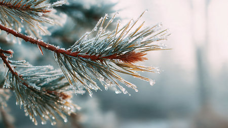 Frozen pine branch with ice crystals close-up. Winter background