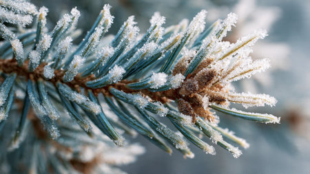 Fir branch covered with hoarfrost close-up. Winter backgroundの写真素材