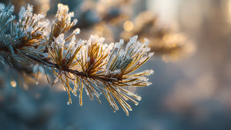 Pine branches covered with hoarfrost. Beautiful winter background.の写真素材