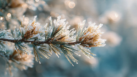 Pine branch covered with hoarfrost. Winter background. Close up.の写真素材