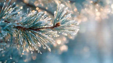 Pine branches covered with hoarfrost on blurred background. Winter background