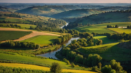 Soft sunrise light spreading over hills and fields in beautiful 4K resolution.の写真素材