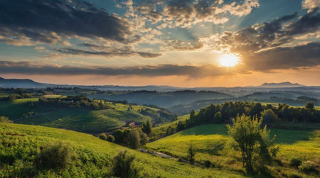 Sun rays cutting through forest trees.の写真素材