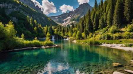 Quiet forest scene in early morning light, peaceful and calming.の写真素材