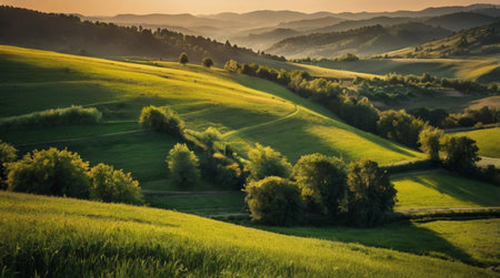 Golden sunset lighting wide farmland and open fields.の写真素材