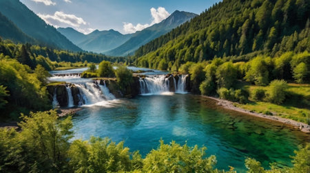 Warm sunrise reflections on calm lake water.の写真素材