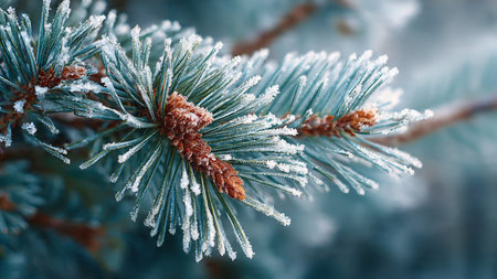 Pine branch covered with hoarfrost. Winter nature background.